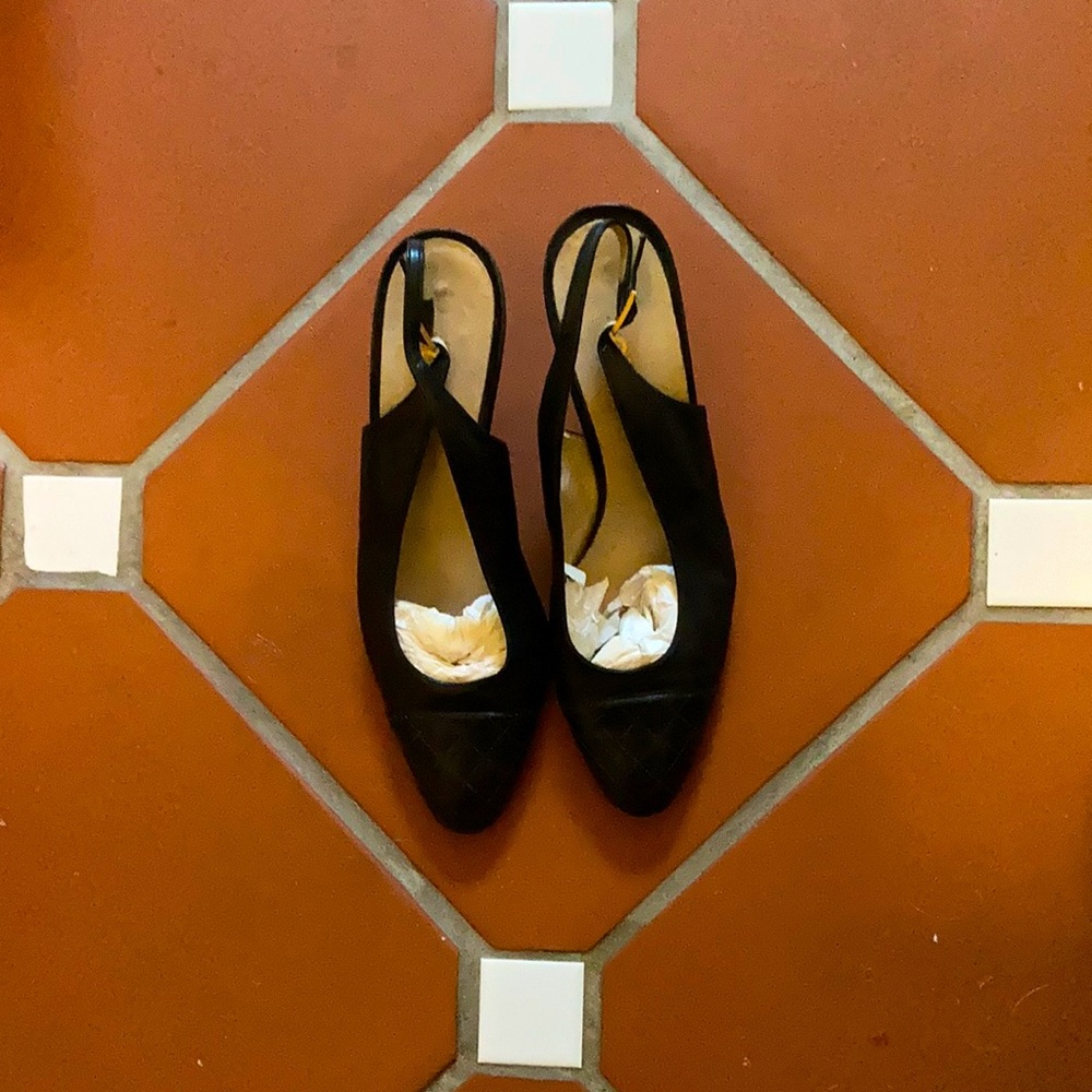 Pair of CHANEL sling back black leather shoes